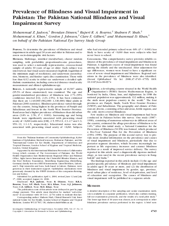 (PDF) Prevalence of Blindness and Visual Impairment in Pakistan: The ...