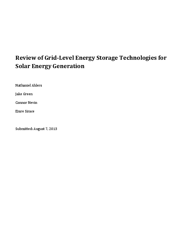 (DOC) Review of GridLevel Energy Storage Technologies for Solar Energy