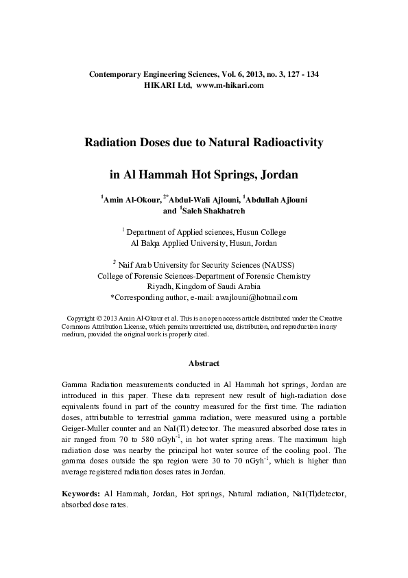 (PDF) Radiation Doses due to Natural Radioactivity in Al Hammah Hot