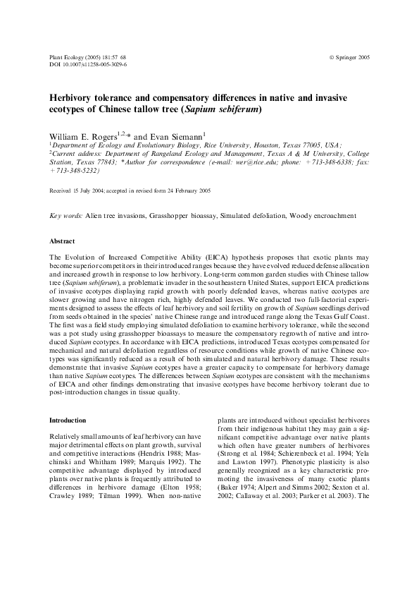(PDF) Herbivory Tolerance and Compensatory Differences in Native and ...
