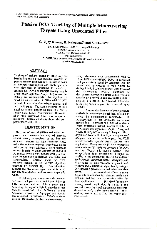 Passive DOA tracking of multiple maneuvering targets using Unscented filter