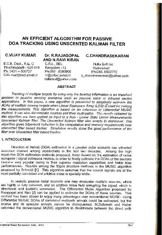 An Efficient algorithm for passive DOA tracking using Unscented Kalman ...