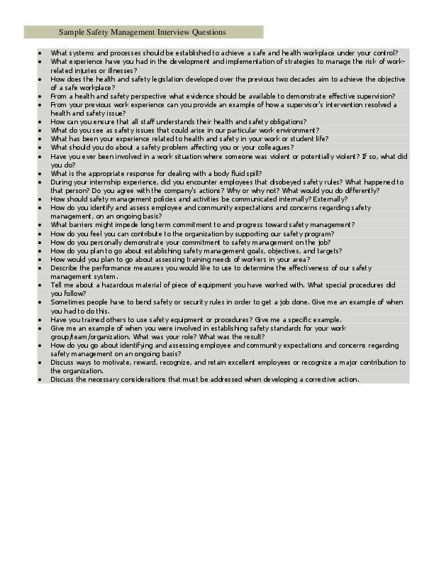 (DOC) Sample Safety Management Interview Questions Daria S . Dacquil