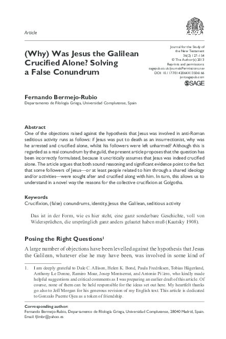 First page of “"(Why) Was Jesus the Galilean Crucified Alone? Solving a False Conundrum", Journal for the Study of the New Testament 36.2 (2013) 127-154.”