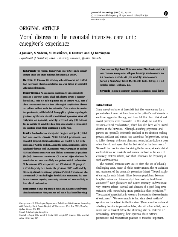 (PDF) Moral distress in the neonatal intensive care unit: caregiver's ...
