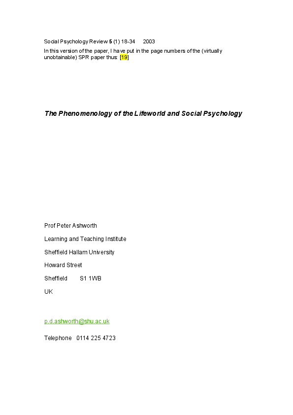 (DOC) The Phenomenology of the Lifeworld and Social Psychology