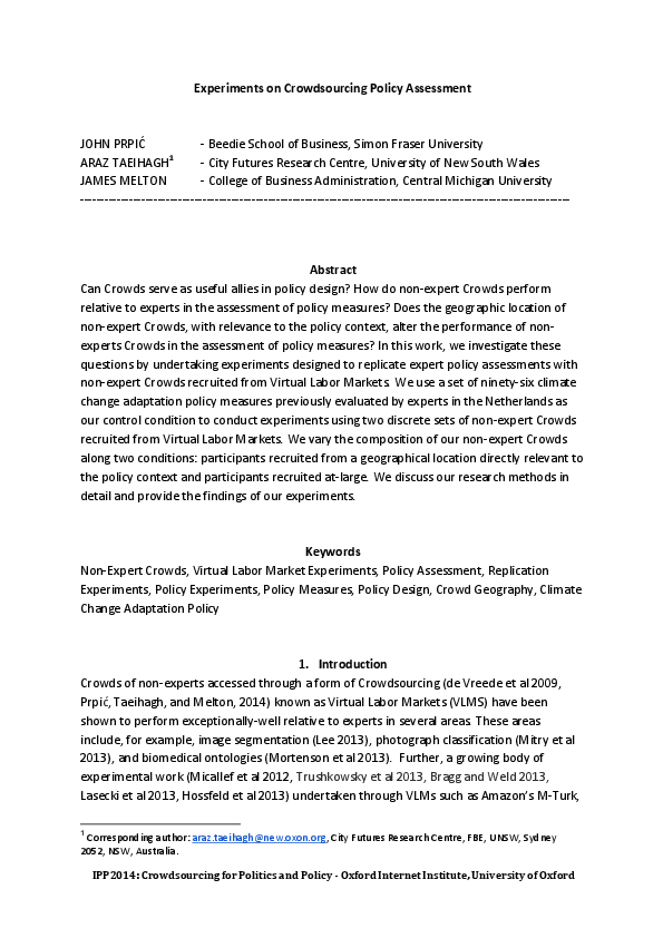 (PDF) Experiments on Crowdsourcing Policy Assessment - Oxford IPP 2014