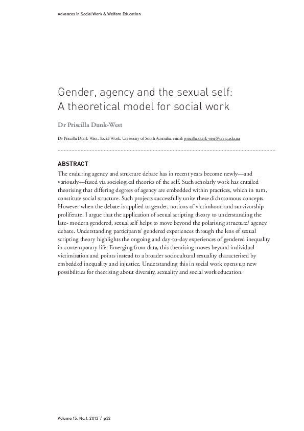 Pdf Gender Agency And The Sexual Self A Theoretical Model For Social Work Advances In Social Work And Welfare Education 15 1 31 46 Priscilla Dunk West Academia Edu