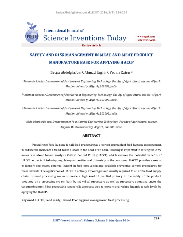 (PDF) SAFETY AND RISK MANAGEMENT IN MEAT AND MEAT PRODUCT MANUFACTURE ...