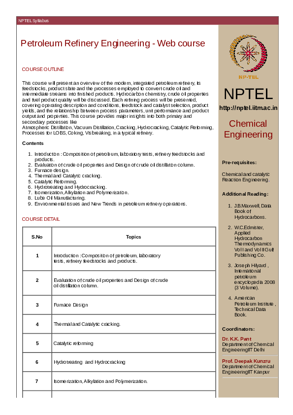 Petroleum Refinery Engineering  course COURSE OUTLINE Zimbatumba