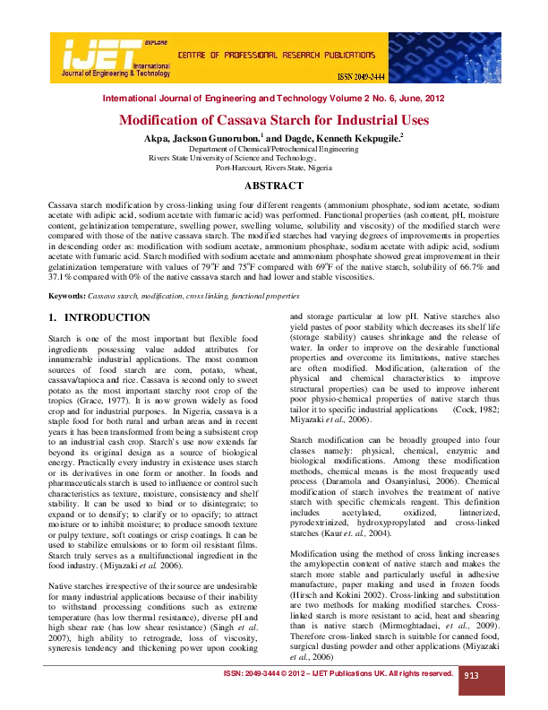  PDF Modification Of Cassava Starch For Industrial Uses Jackson Akpa 