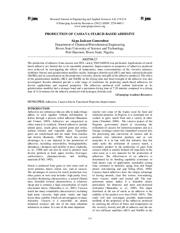 (PDF) PRODUCTION OF CASSAVA STARCHBASED ADHESIVE Jackson Akpa Academia.edu