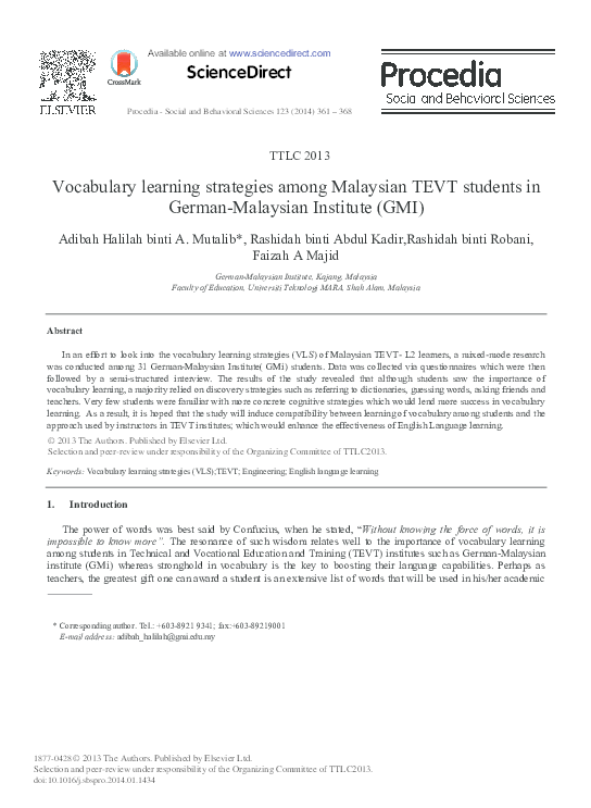 (PDF) Vocabulary learning strategies among Malaysian TEVT students in ...