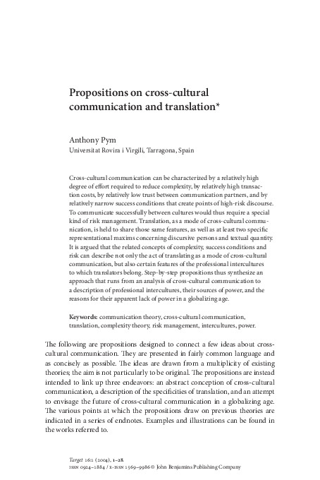 Pdf Propositions On Cross Cultural Communication And Translation
