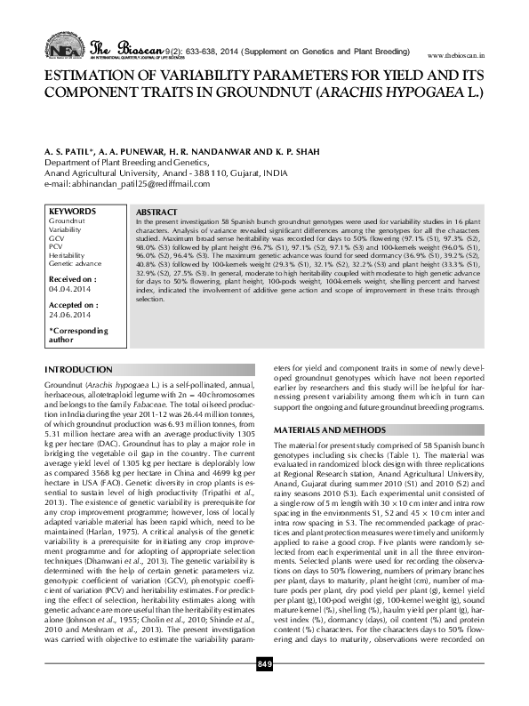 (PDF) ESTIMATION OF VARIABILITY PARAMETERS FOR YIELD AND ITS COMPONENT ...