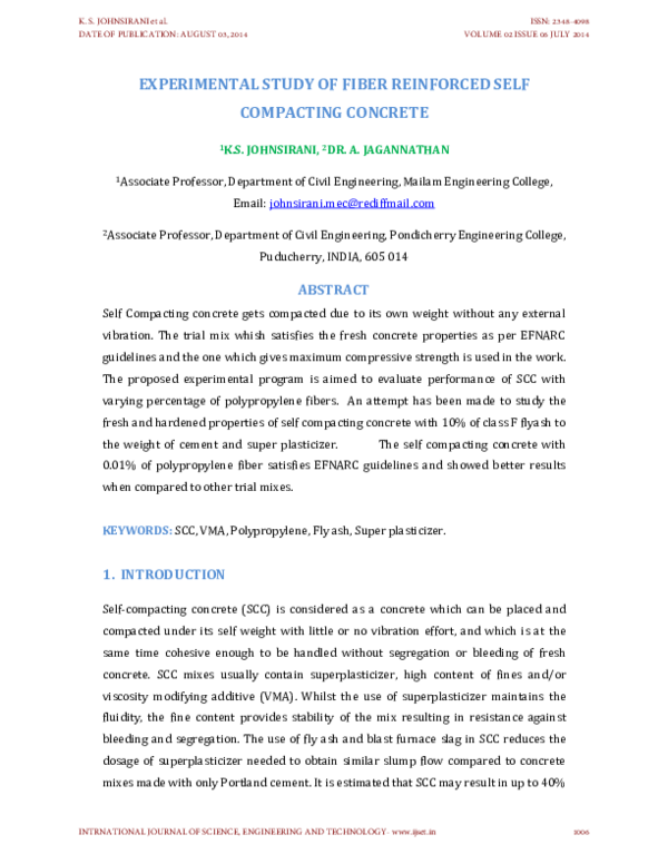 (PDF) EXPERIMENTAL STUDY OF FIBER REINFORCED SELF COMPACTING CONCRETE