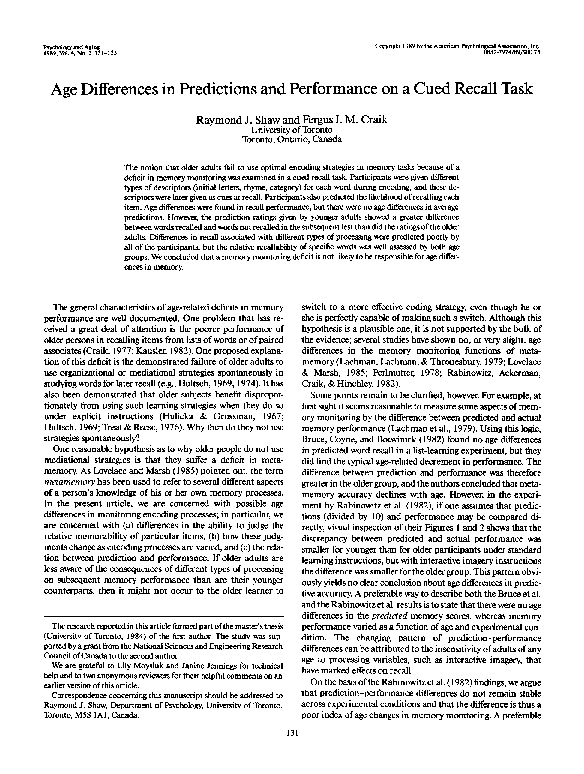(PDF) Age differences in predictions and performance on a cued recall task