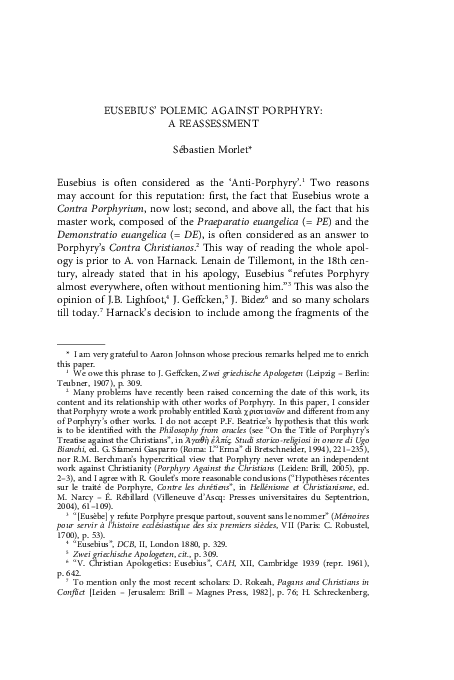 First page of “« Eusebius’ Polemic Against Porphyry : a Reasses sment », dans Reconsidering Eusebius : Collected Papers on Literary, Historical, and Theol ogical Issues , éd. S. Inowlocki – C. Zamagni, Leiden – Boston, 2011, p. 119-150 ”