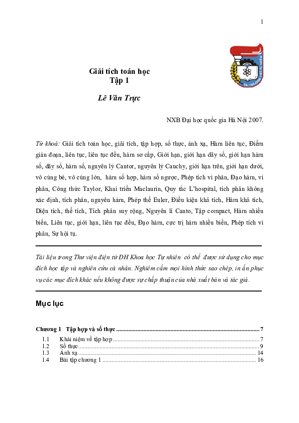 First page of “Giải tích toán học Tập 1”