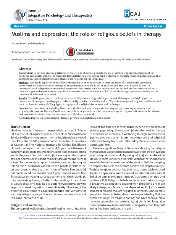 (PDF) Muslims and depression: the role of religious beliefs in therapy