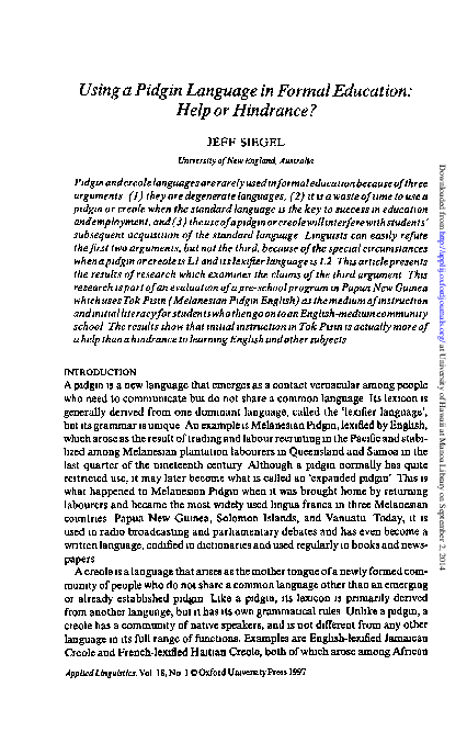 (PDF) Using a pidgin language in formal education: Help or hindrance?