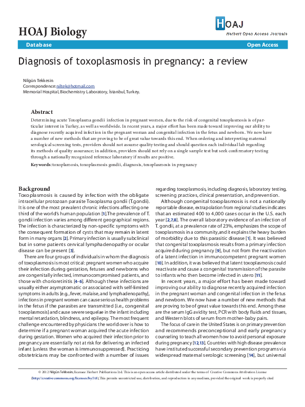 (PDF) Diagnosis of toxoplasmosis in pregnancy a review Herbert