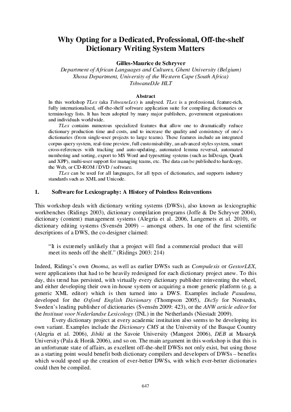 (PDF) Why Opting for a Dedicated, Professional, Offtheshelf Dictionary Writing System Matters