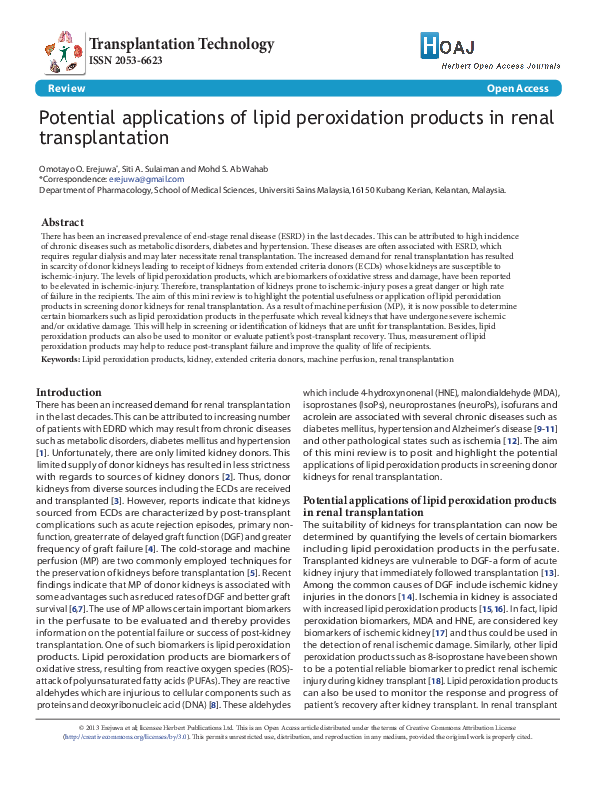 (PDF) Potential applications of lipid peroxidation products in renal ...
