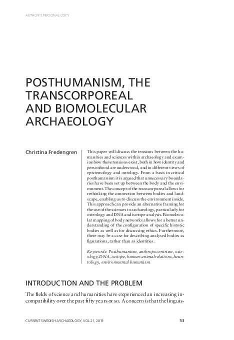 (PDF) Posthumanism, the transcorporeal and biomolecular archaeology