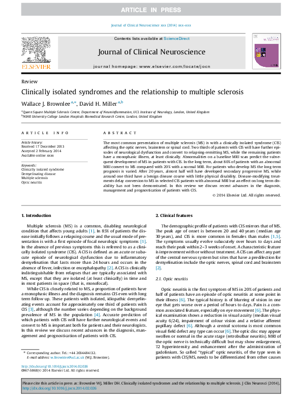 (PDF) Clinically isolated syndromes and the relationship to multiple sclerosis Wallace