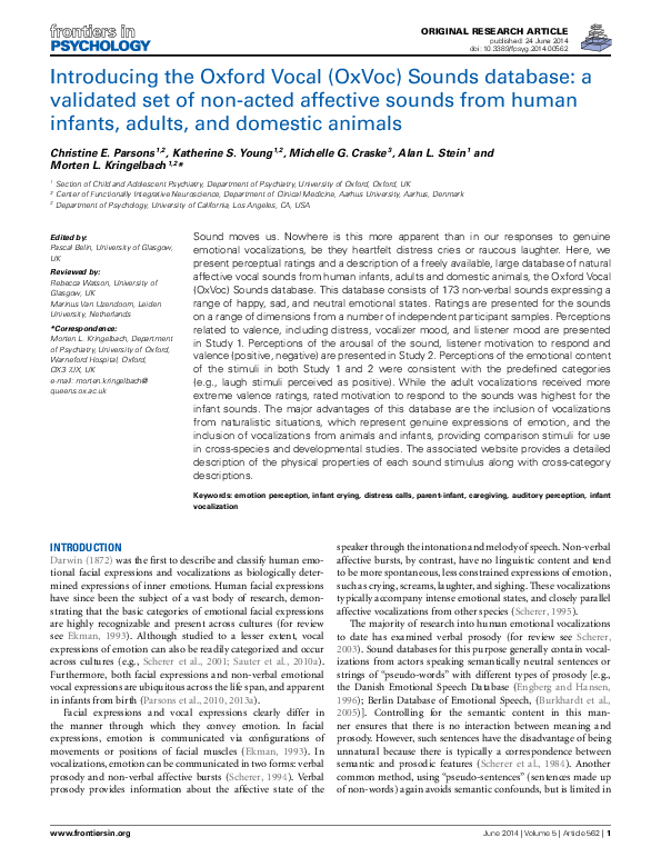 (PDF) Introducing the Oxford Vocal (OxVoc) Sounds database a validated set of nonacted