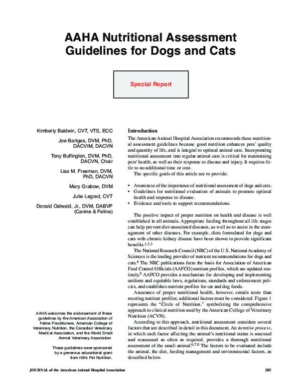 AAHA NUTRITIONAL ASSESSMENT GUIDELINES 2010 visual data 5