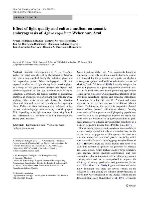 (PDF) Effect of light quality and culture medium on somatic ...