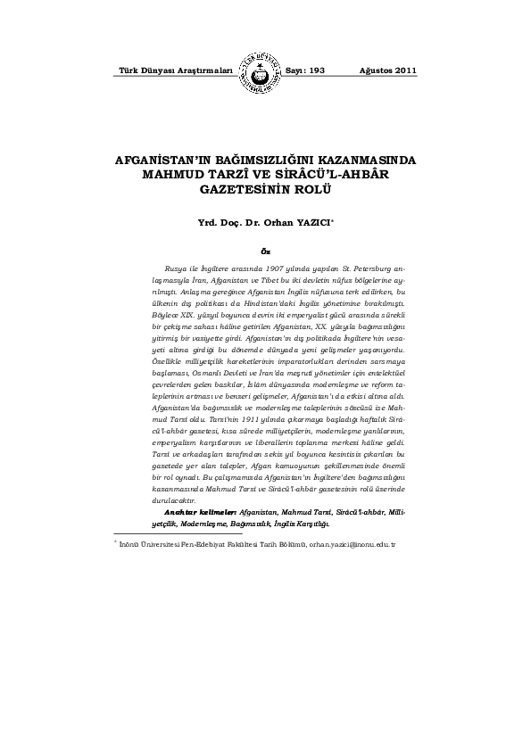 (PDF) Afganistan'ın Bağımsızlığını Kazanmasında Mahmud Tarzi ve Siracü