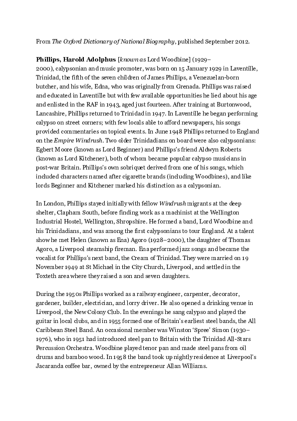 (DOC) LORD WOODBINE (Harold Phillips), 19292000. Oxford Dictionary of
