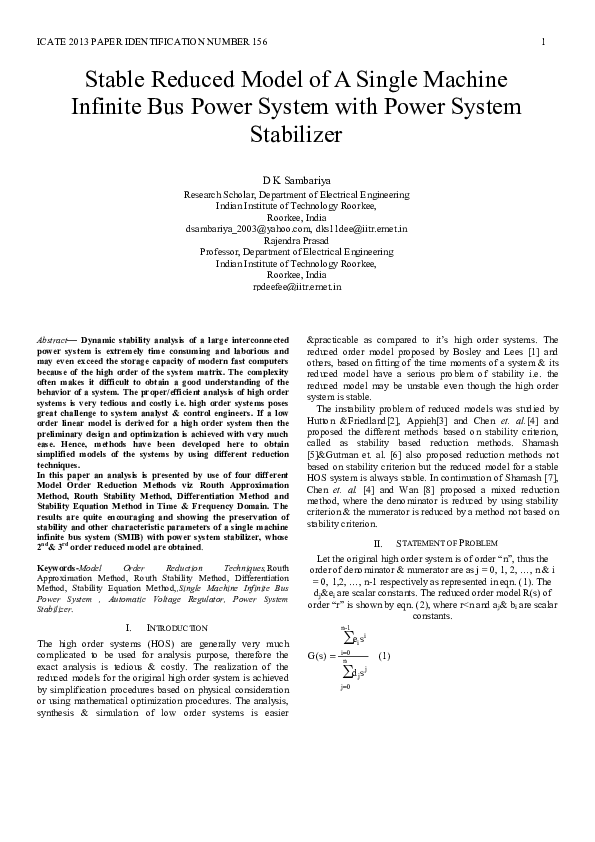 (PDF) D. K. Sambariya and R. Prasad, "Stable reduced model of a single