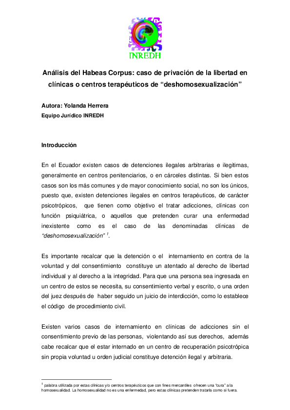 Pdf Analisis Del Habeas Corpus Caso De Privacion De La Libertad En Clinicas O Centros Terapeuticos De Deshomosexualizacion Carlos Uruchima C Academia Edu