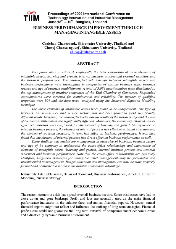 (PDF) Business Performance Improvement through Managing Intangible Assets