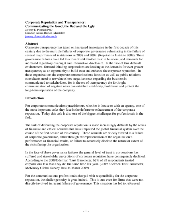 (PDF) Corporate Reputation and Transparency: Communicating the Good ...