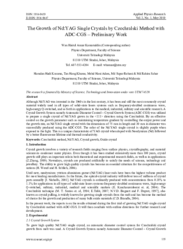 (PDF) The Growth of Nd: YAG Single Crystals by Czochralski Method with ...