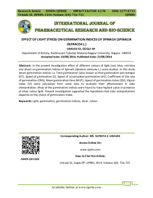 (PDF) EFFECT OF LIGHT STRESS ON GERMINATION INDICES OF SPINACH ...