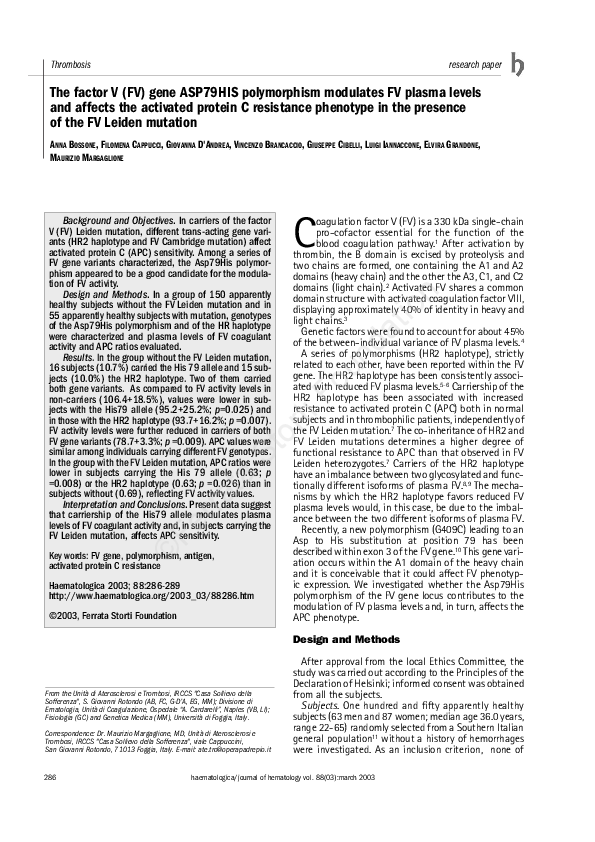 (PDF) The factor V (FV) gene ASP79HIS polymorphism modulates FV plasma