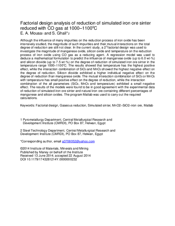 Factorial design analysis of reduction of simulated iron ore sinter ...