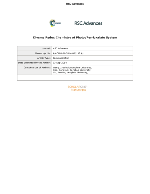 (PDF) Diverse Redox Chemistry of Photo/Ferrioxalate System Zhaohui