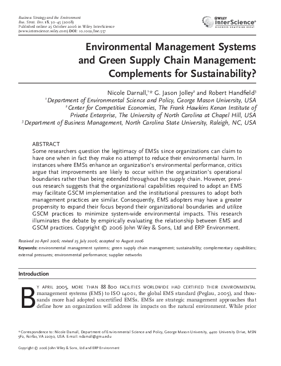 (PDF) Environmental management systems and green supply chain ...