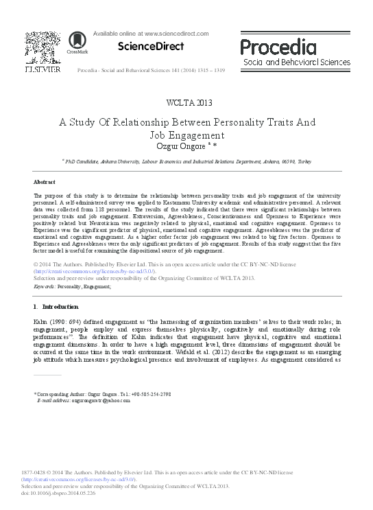 (PDF) A Study of Relationship Between Personality Traits and Job Engagement