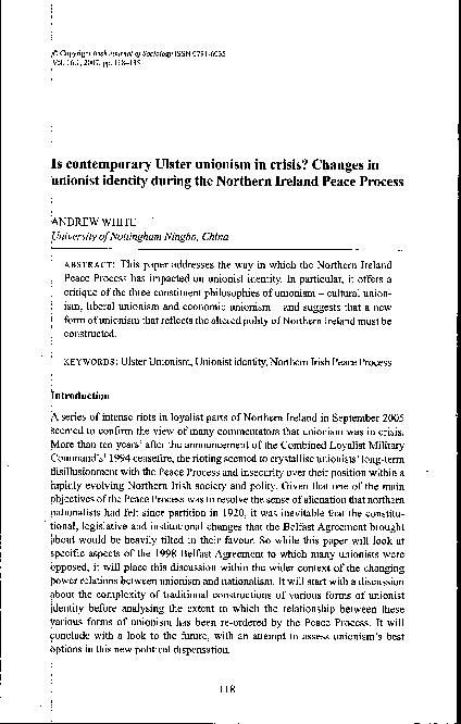 First page of “White, A. (2007) Is contemporary Ulster unionism in crisis? Changes in unionist identity during the Northern Ireland Peace Process. Irish Journal of Sociology, 16 (1), pp. 118-135”
