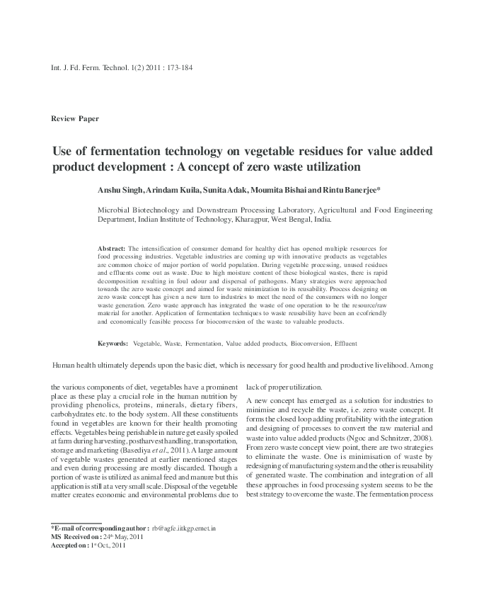 Picture of (PDF) Use of fermentation technology on vegetable residues for value ...