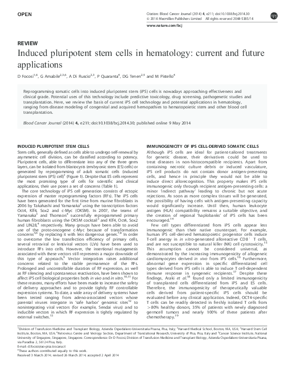 (PDF) Induced pluripotent stem cells in hematology: current and future ...