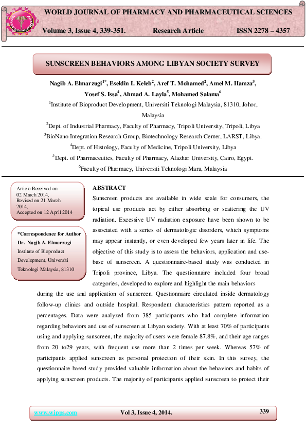 (PDF) Sunscreen Behaviors Among Libyan Society Survey